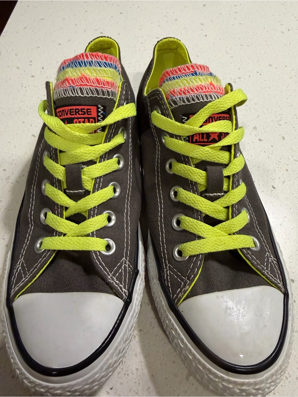 Converse Gray Low-Top Sneakers with Neon Yellow Laces